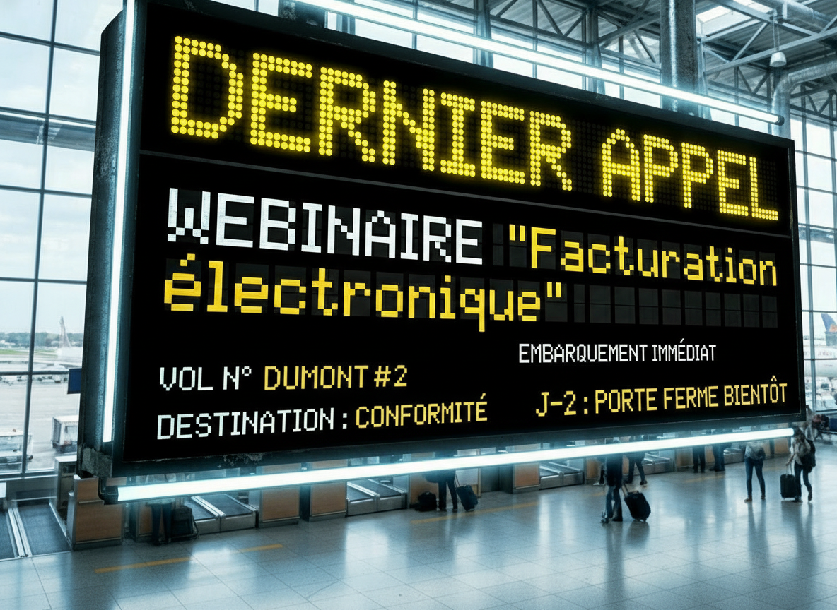 Écran d'embarquement détourné annonçant le webinaire « Facturation électronique » du Cabinet Dumont